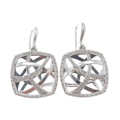 925 Sterling Silver Real Round-Cut Diamond Modernist Ornate Dangle Earrings