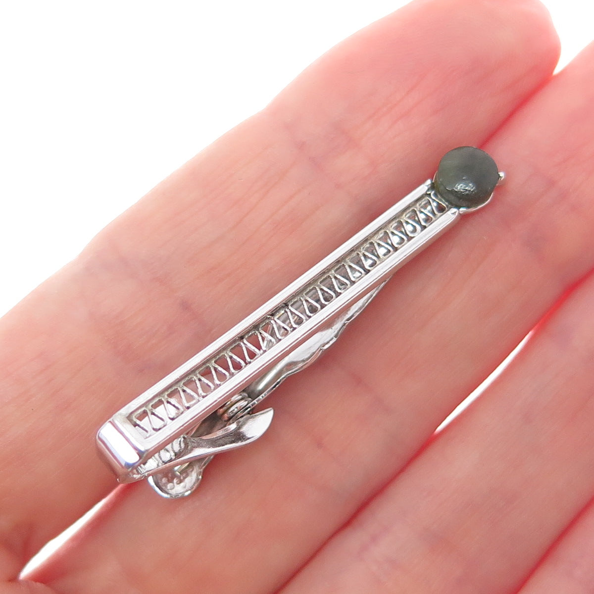 SWANK 925 Sterling Silver Antique Art Deco Real Jade Filigree Tie Clip