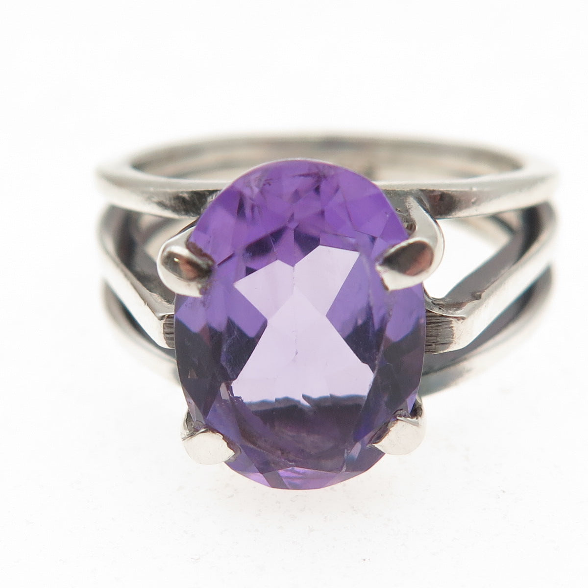 925 Sterling Silver Vintage Real Amethyst Modernist Oxidized Ring Size 9.5