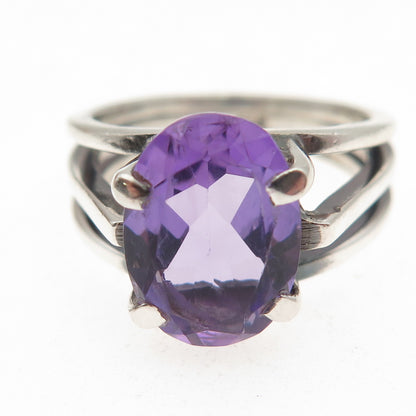 925 Sterling Silver Vintage Real Amethyst Modernist Oxidized Ring Size 9.5
