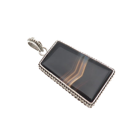 925 Sterling Silver Vintage Real Agate Large 46.1g Pendant