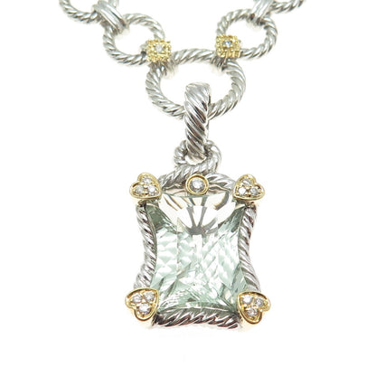 DANWAK 18K Gold Sterling 13 Diamond 0.19ct & Green Amethyst 10.88ct Necklace 16"
