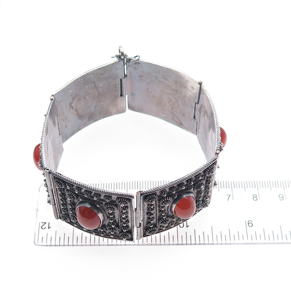 925 Sterling Silver Vintage Real Carnelian Cannetille Panel Link Bracelet 7.5"