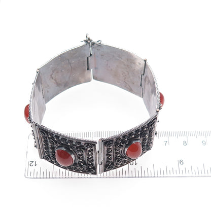 925 Sterling Silver Vintage Real Carnelian Cannetille Panel Link Bracelet 7.5"
