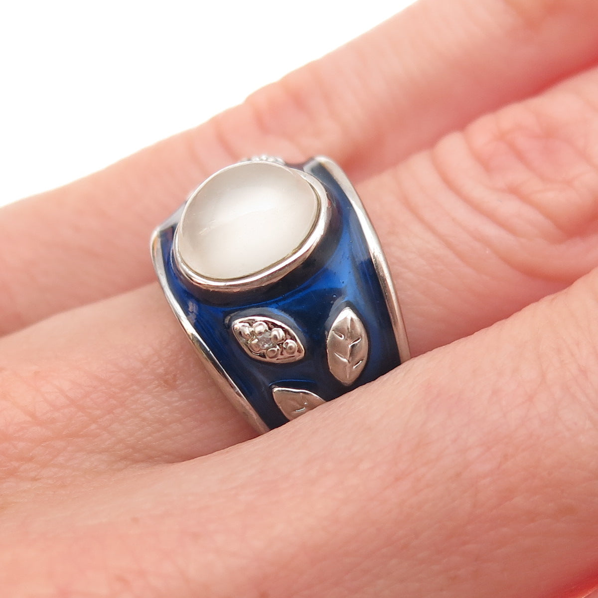 Ross Simons Sterling Silver Vintage Enamel Real Diamond & Moonstone Ring Size 5