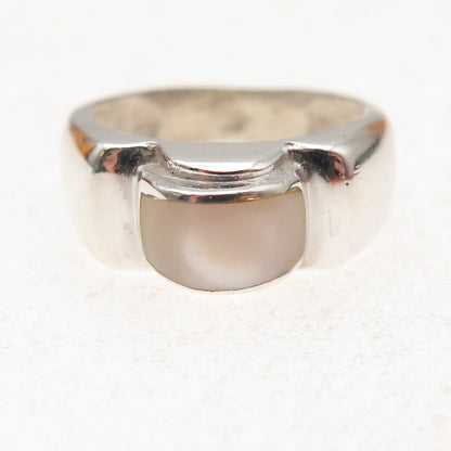 925 Sterling Silver Vintage Real MOP Modernist Oxidized Ring Size 7.25