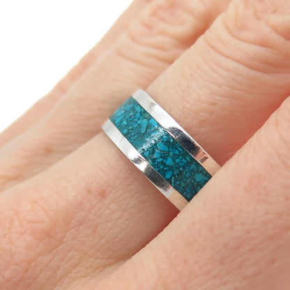925 Sterling Silver Vintage Mexico Real Turquoise Inlay Band Ring Size 10.25