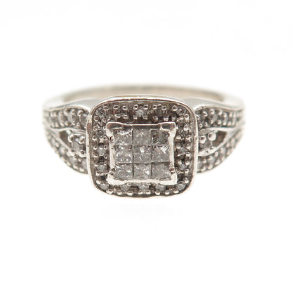 925 Sterling Silver Real Princess & Round-Cut Diamond Promise Ring Size 7