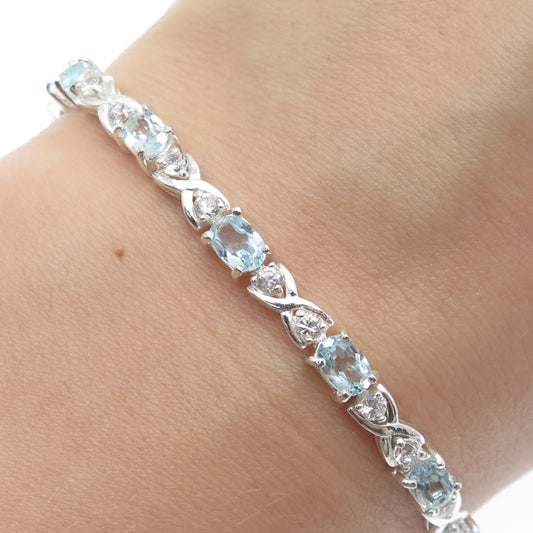 925 Sterling Silver Real Blue Topaz Gemstone & C Z XO Tennis Link Bracelet 6.75"