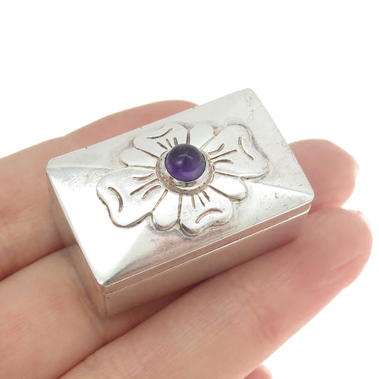 DAMASO GALLEGOS Sterling Silver Vintage Mexico Amethyst Flower Pill Snuff Box