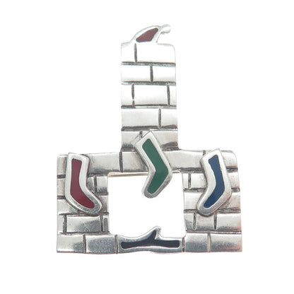 925 Sterling Silver Vintage AHD Mexico Enamel Christmas Fireplace Pin Brooch