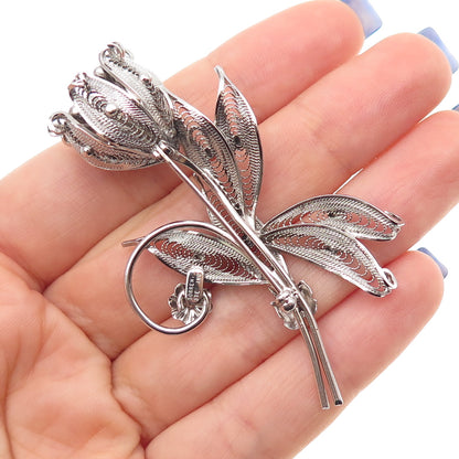 SORRENTO 925 Sterling Silver Vintage Tulip Flower Filigree Pin Brooch