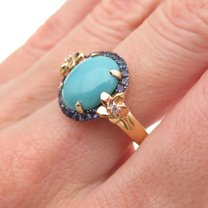 925 Sterling Silver Gold Plated Real Turquoise Iolite Topaz Floral Ring Size 8.5