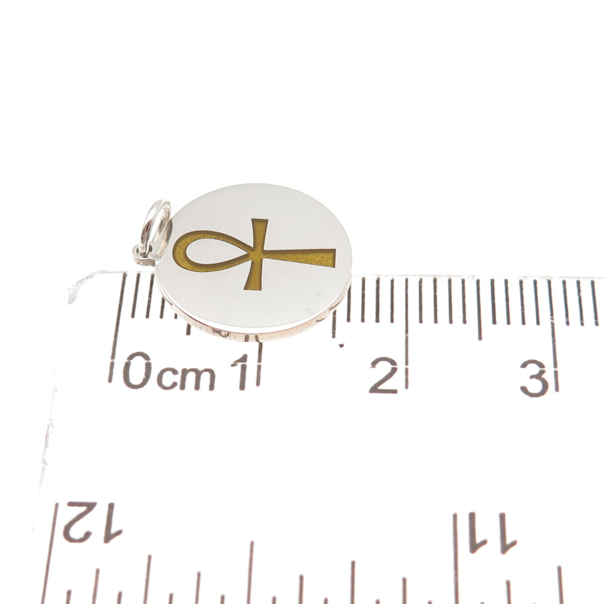 925 Sterling Silver Mustard Enamel Egyptian Ankh Round Tag Mini Charm Pendant