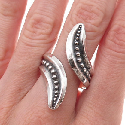 925 Sterling Silver Vintage Mexico Beaded Oxidized Bypass Ring Size 9.5