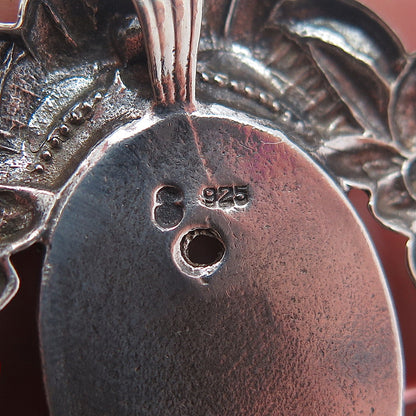 925 Sterling Silver Vintage Real Moss Agate Flower Oxidized Slide Pendant