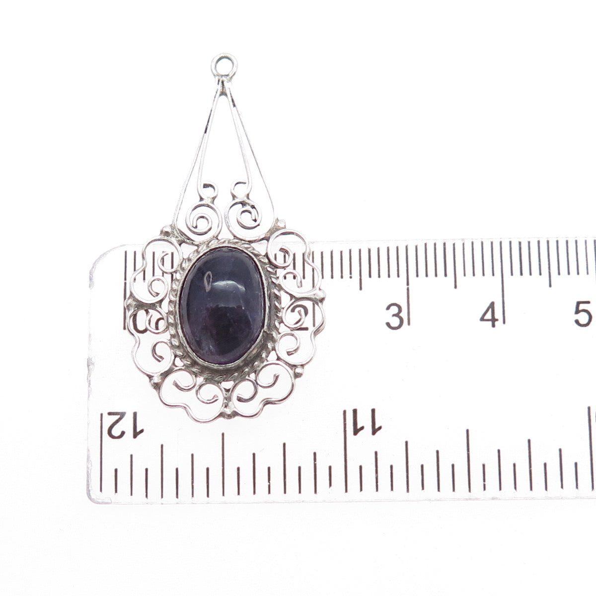 925 Sterling Silver Vintage Mexico Real Amethyst Ornate Charm Pendant