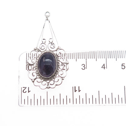 925 Sterling Silver Vintage Mexico Real Amethyst Ornate Charm Pendant