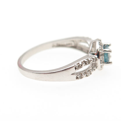 925 Sterling Silver Real Round-Cut Blue Topaz & C Z Ring Size 9