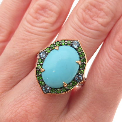 925 Sterling Gold Plated Real Turquoise Peridot Blue White Topaz Ring Size 8.25