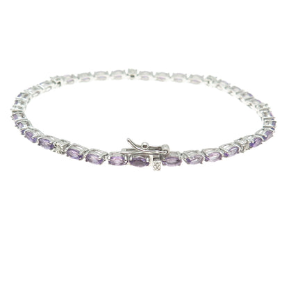 925 Sterling Silver Real Diamond & Marquise-Cut Amethyst Bracelet 7.75"