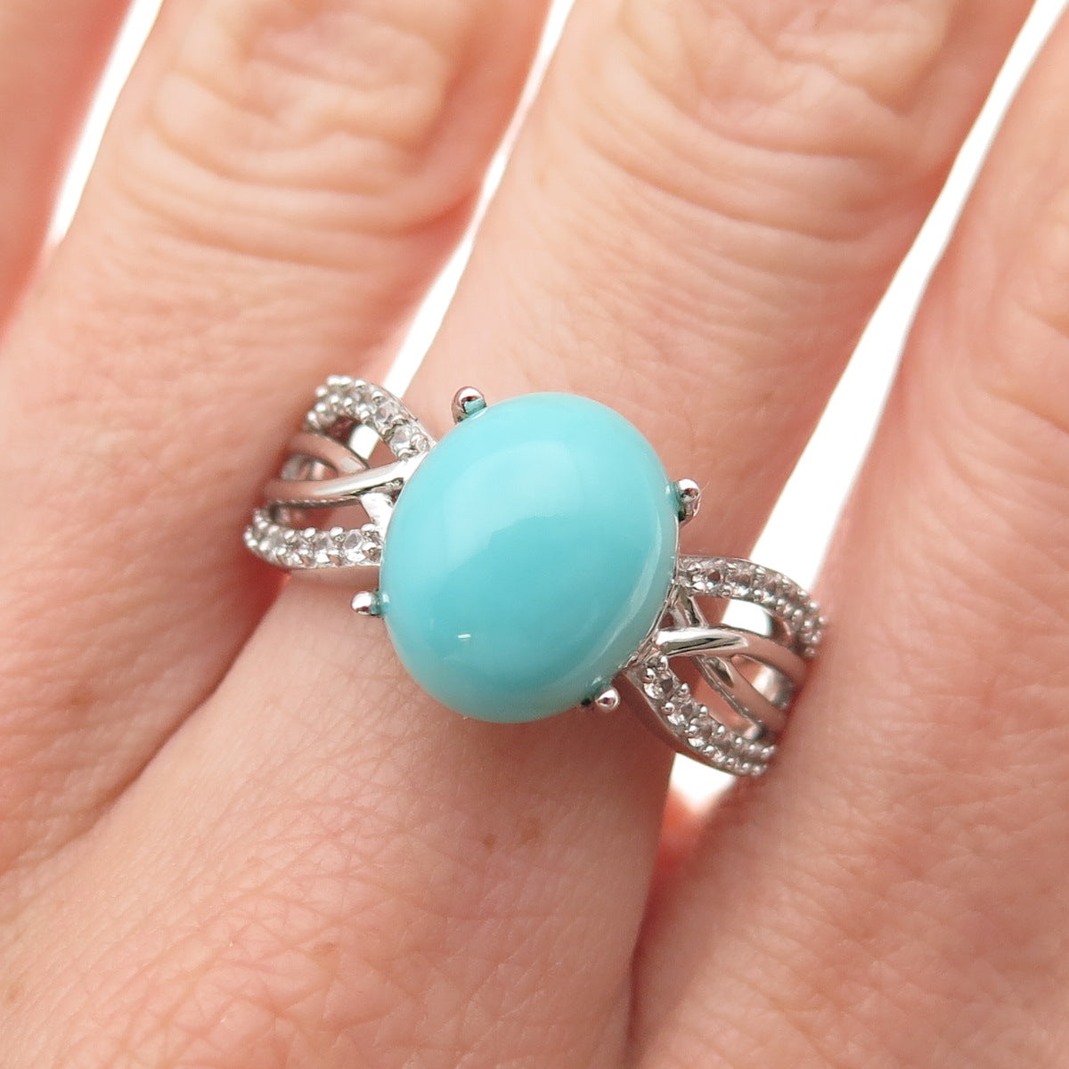 925 Sterling Silver Real Sleeping Beauty Turquoise & White Topaz Ring Size 8