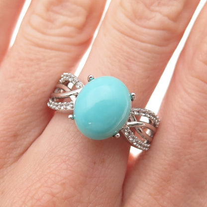 925 Sterling Silver Real Sleeping Beauty Turquoise & White Topaz Ring Size 8