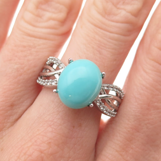 925 Sterling Silver Real Sleeping Beauty Turquoise & White Topaz Ring Size 8
