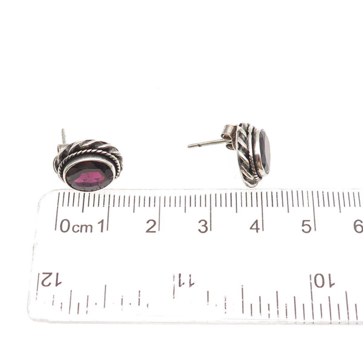 925 Sterling Silver Vintage Real Red Garnet Oxidized Stud Earrings