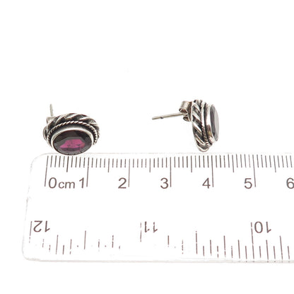925 Sterling Silver Vintage Real Red Garnet Oxidized Stud Earrings