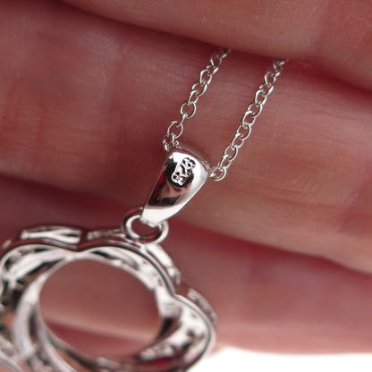 925 Sterling Silver Real Black Spinel & C Z Floral Cable Chain Necklace 18"