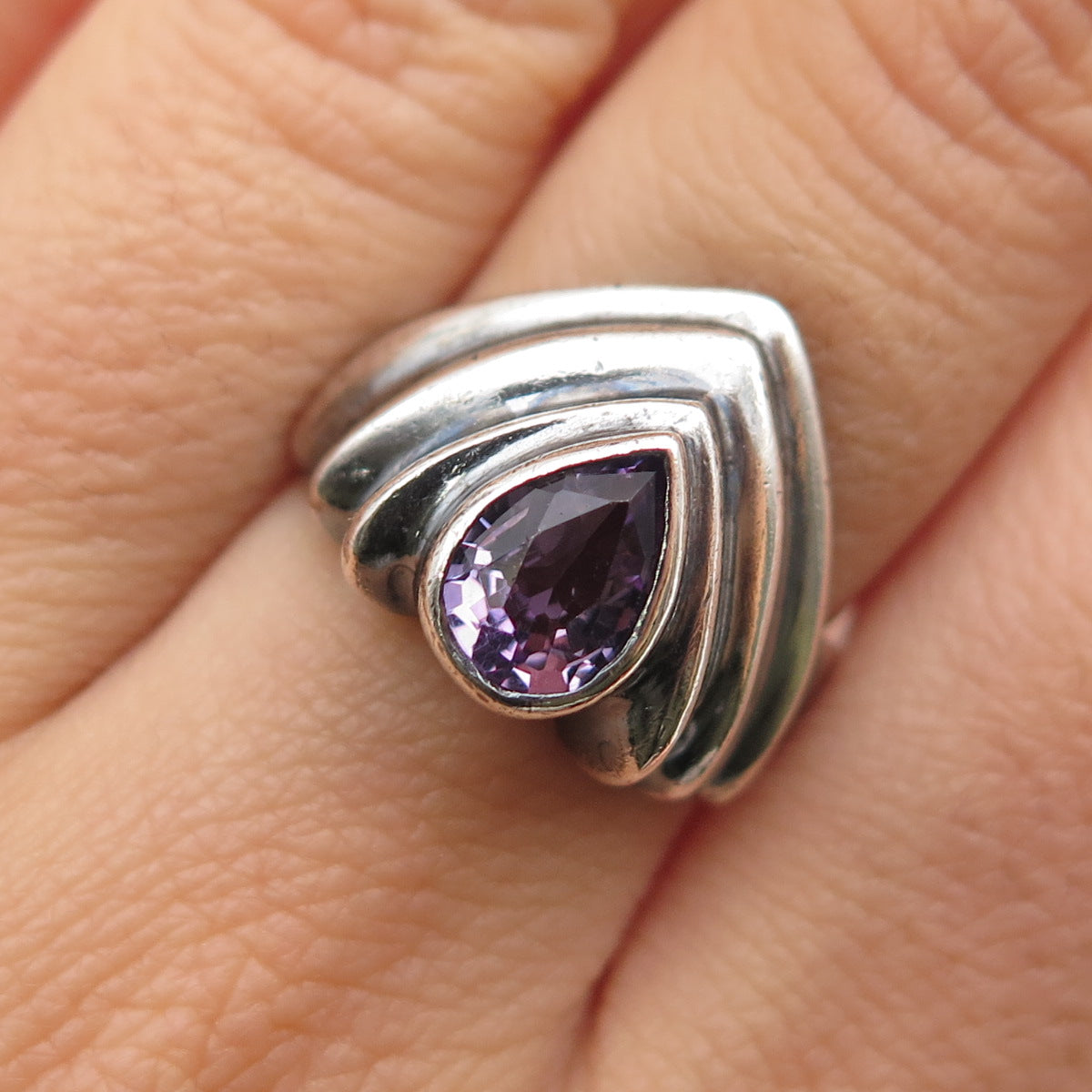 925 Sterling Silver Vintage Real Amethyst Modernist Oxidized Ring Size 7