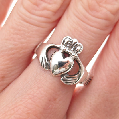 925 Sterling Silver Vintage Irish Claddagh Oxidized Ring Size 8.5
