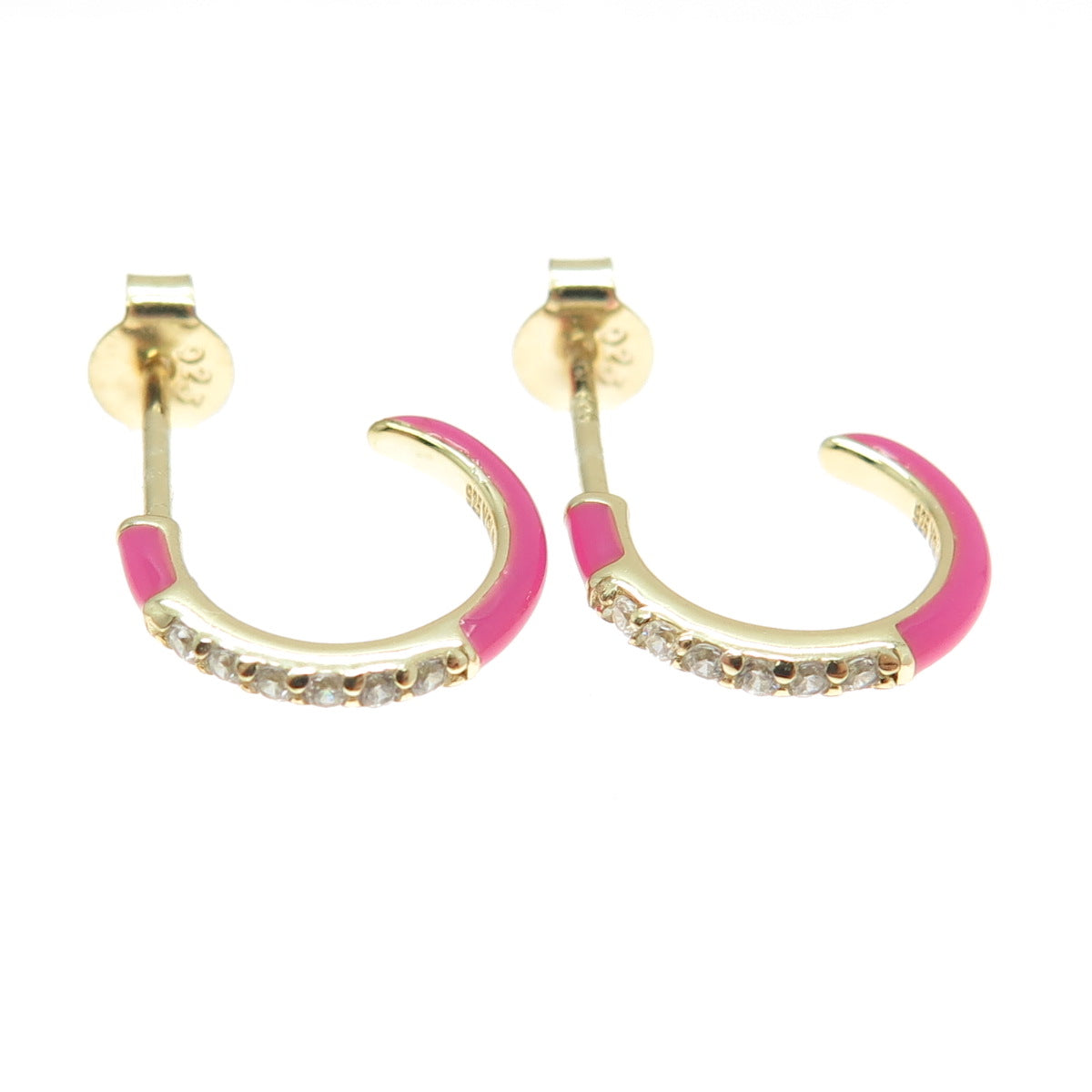 925 Sterling Silver Gold Plated Enamel Round-Cut C Z Hoop Earrings