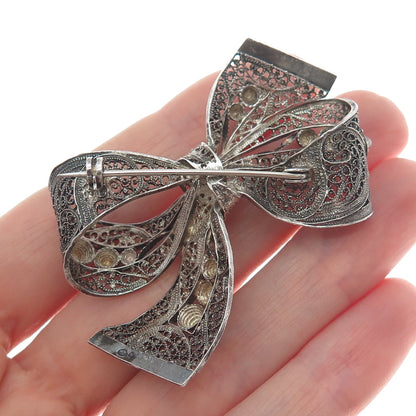 835 Silver Antique Sweden Filigree Ribbon Bow Oxidized Pin Brooch