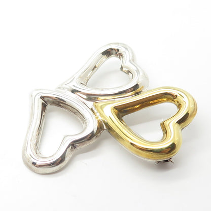 925 Sterling Silver 2-Tone Vintage Mexico Laton Heart Handcrafted Pin Brooch