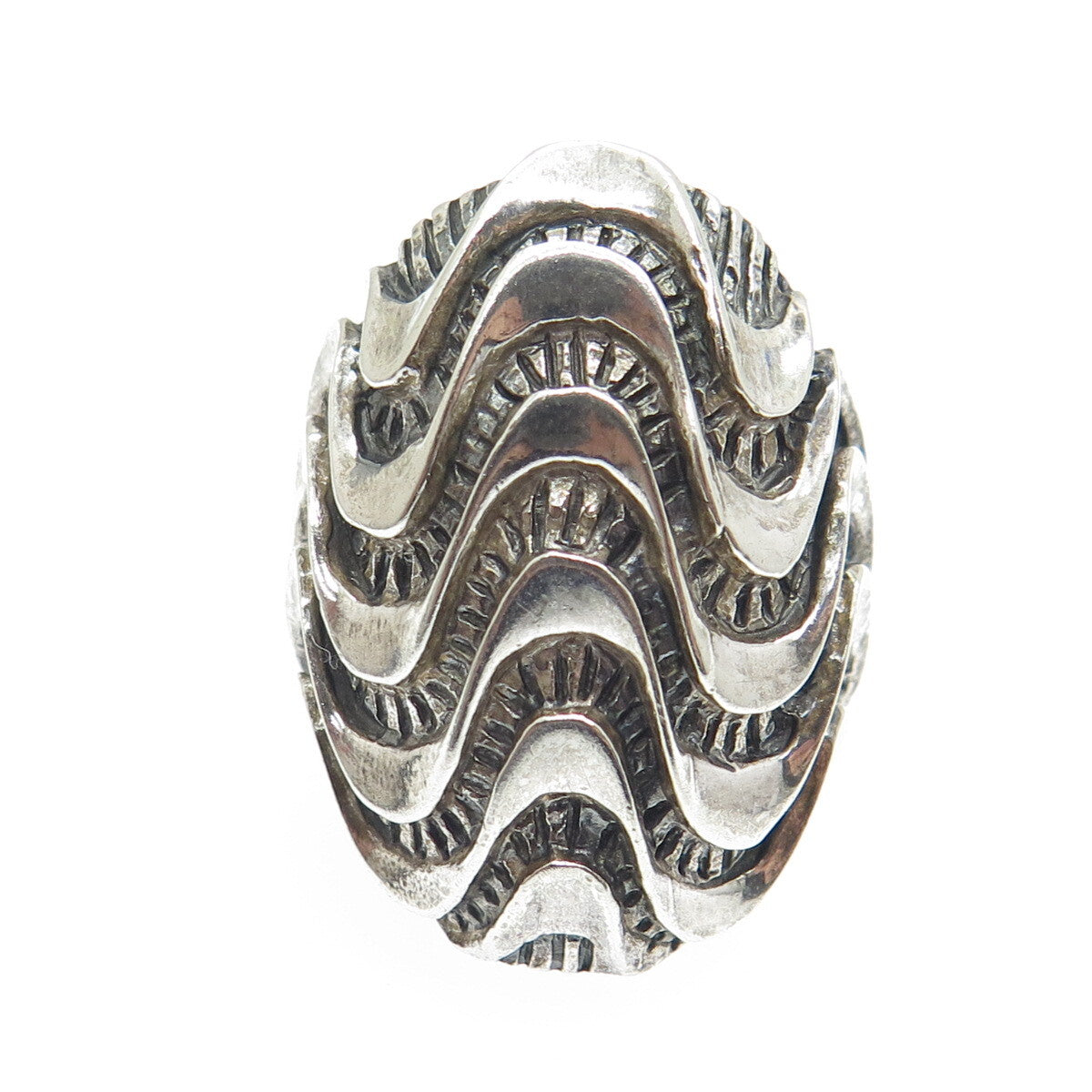 925 Sterling Silver Vintage Modernist Wavy Oxidized Ring Size 7
