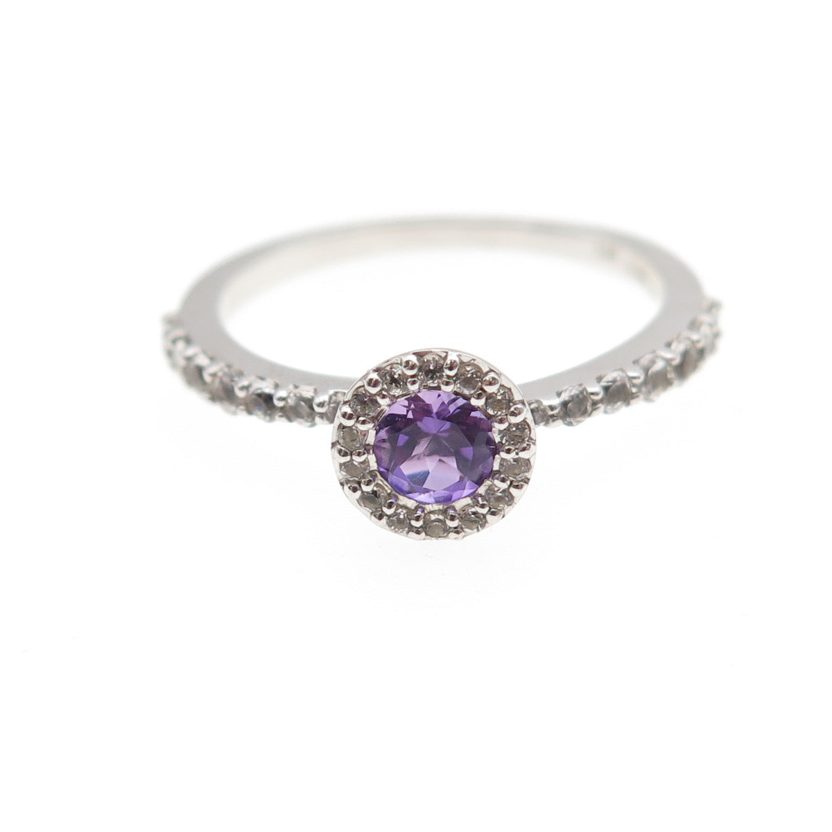 925 Sterling Silver Real Round-Cut Amethyst & White Topaz Ring Size 6.5