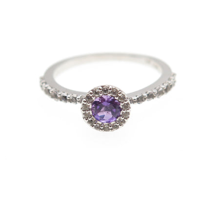 925 Sterling Silver Real Round-Cut Amethyst & White Topaz Ring Size 6.5