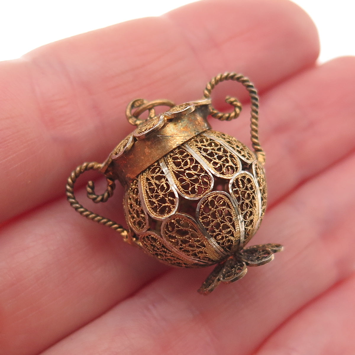 833 Silver Gold Plated Antique Art Deco Portugal Filigree Pot 3D Charm Pendant