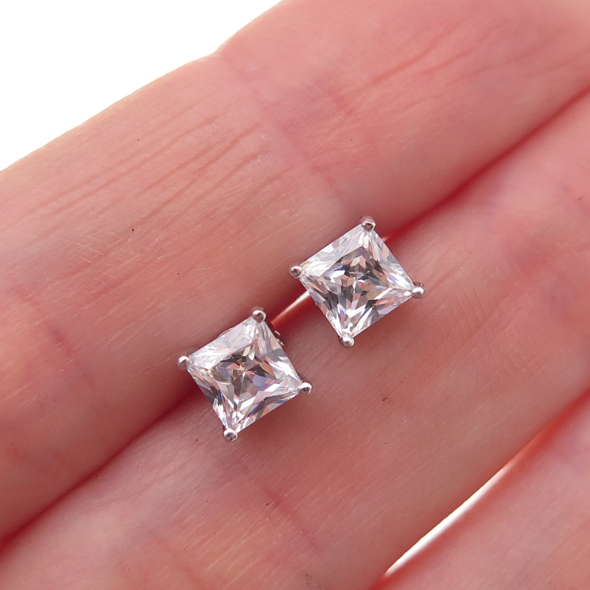925 Sterling Silver Princess-Cut C Z Stud Earrings