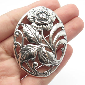 925 Sterling Silver Vintage Oval Floral Pin Brooch