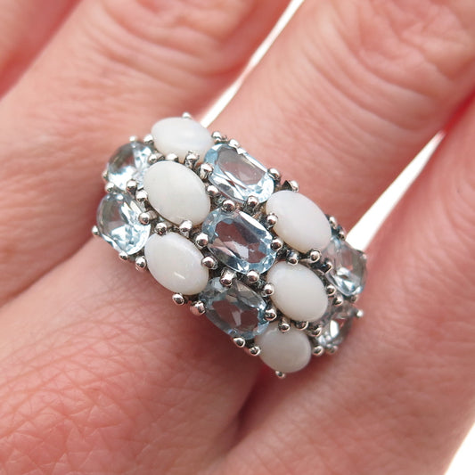 925 Sterling Silver Real Oval-Cut Blue Topaz & Opal Cluster Ring Size 9.25