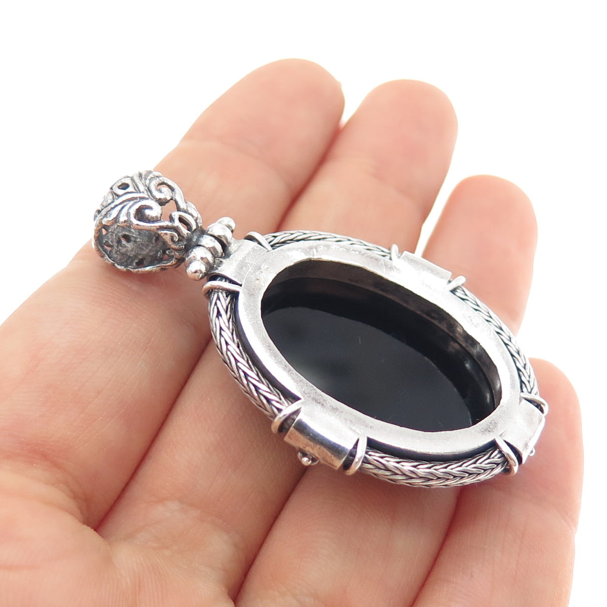 925 Sterling Silver Vintage Real Black Onyx Ornate Oxidized Pendant