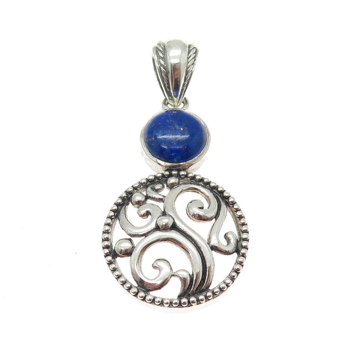 NK SILVER 925 Sterling Silver Vintage Real Lapis Lazuli Ornate Swirl Pendant