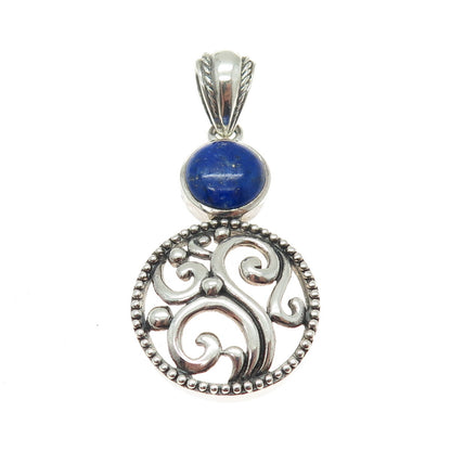 NK SILVER 925 Sterling Silver Vintage Real Lapis Lazuli Ornate Swirl Pendant