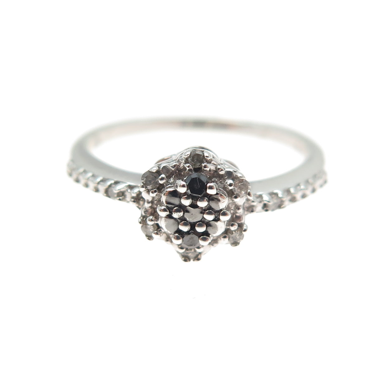 925 Sterling Silver Real Round-Cut Black & White Diamond Flower Ring Size 7