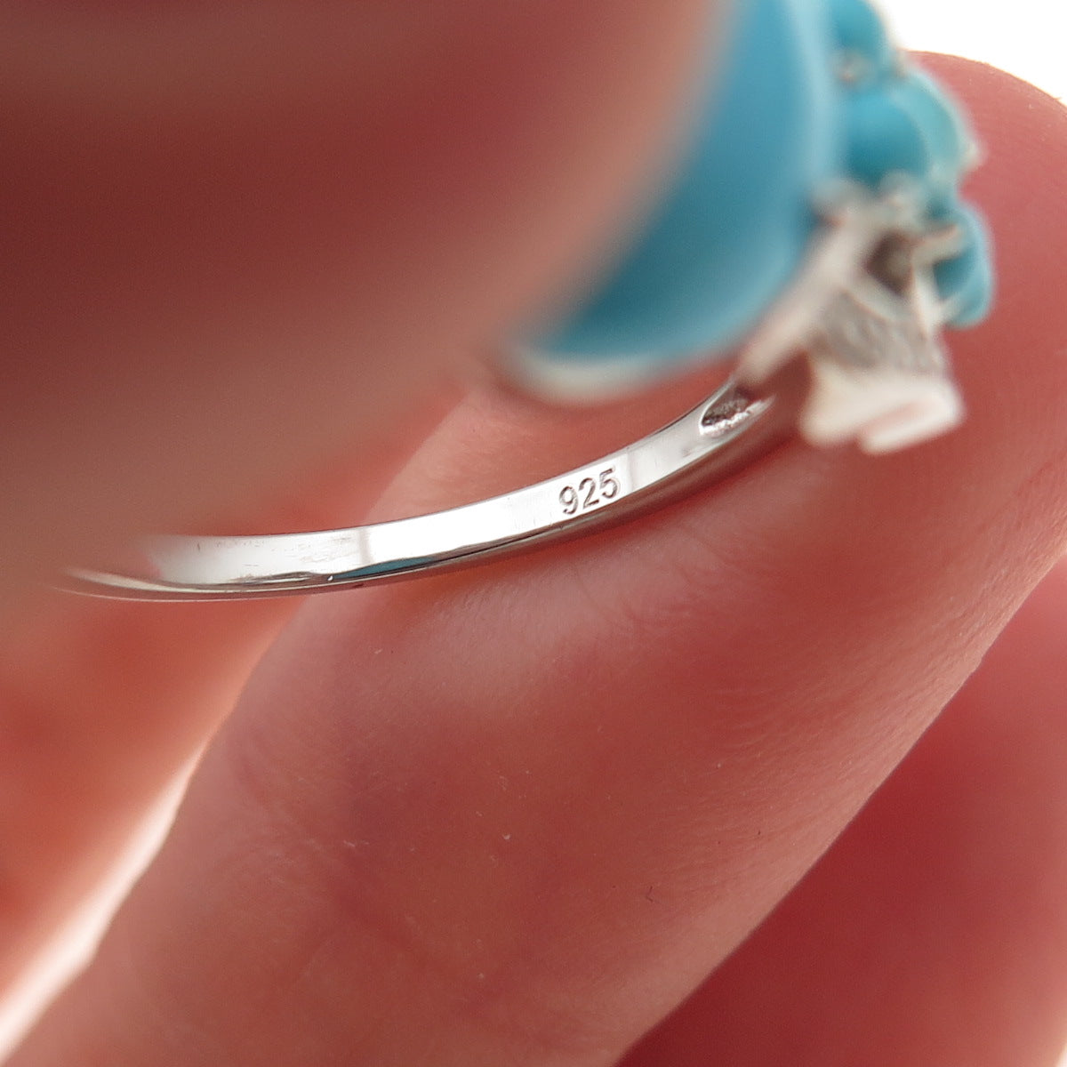 925 Sterling Silver Real Sleeping Beauty Turquoise & White Topaz Ring Size 8