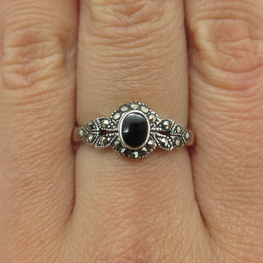 925 Sterling Silver Vintage Black Onyx Marcasite Gem Art-Deco-Style Ring Size 8