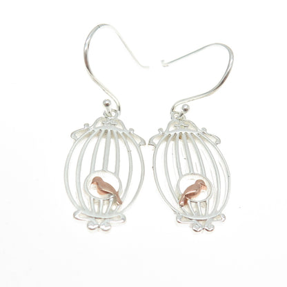 925 Sterling Silver 2-Tone Bird in Cage Dangling Earrings